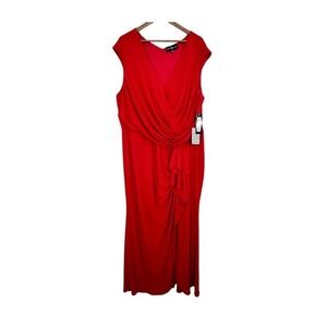 Betsy‎ & Adam Red Cap Sleeve Draped Ruched Gown Dress Plus Size 22W Gala Formal